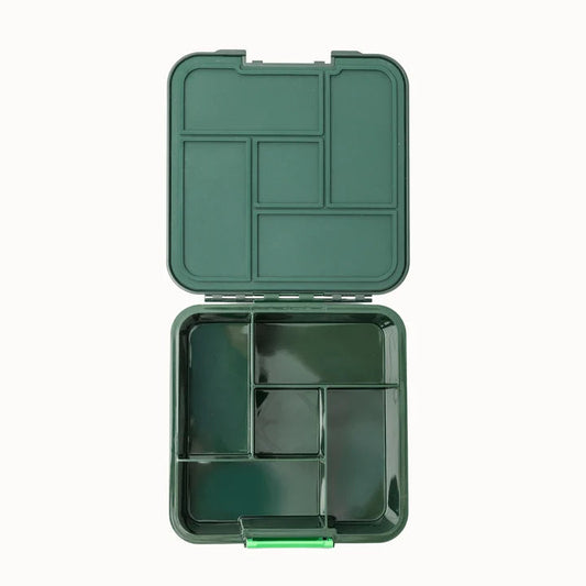 Top view of the open empty dark green MontiiCo Bento 5 lunch box showing the five separate compartments and matching lid seal