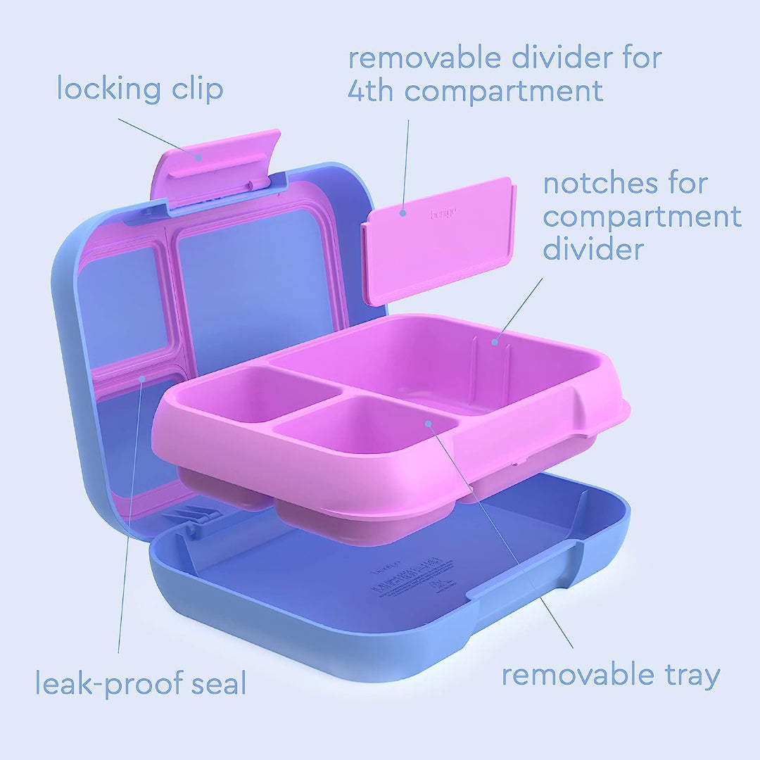 Bentgo Pop Periwinkle lunch box diagram showing leak‑proof design, removable tray and secure latch