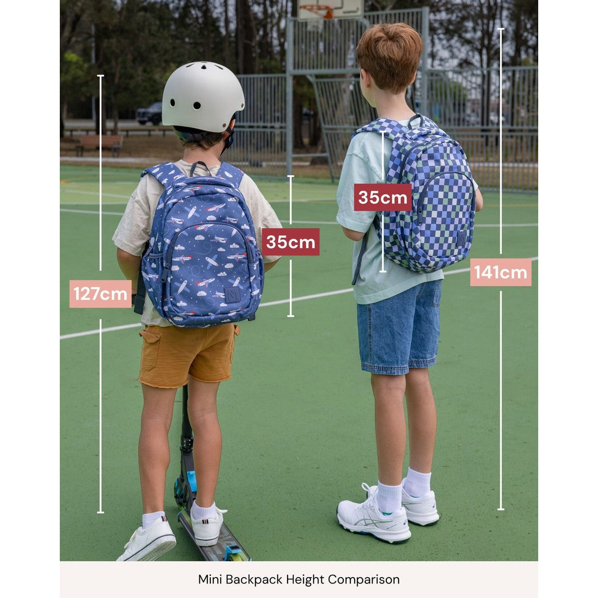 Two children with blue backpacks standing on a basketball court, with MontiiCo measurements indicated.
