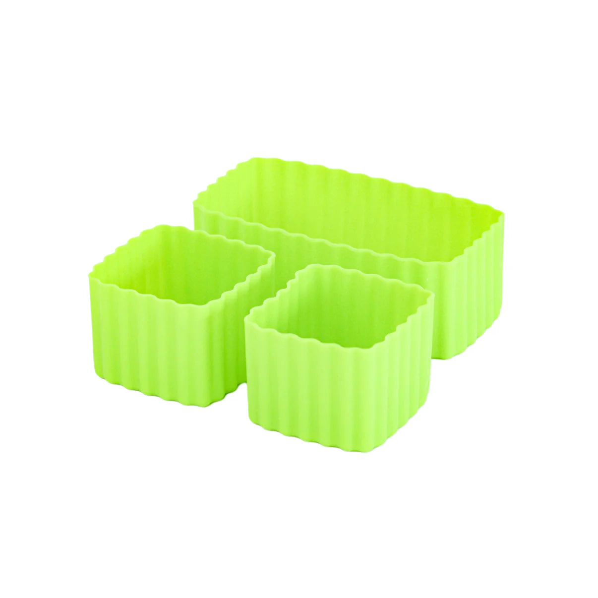 Three matcha green silicone bento molds on a white background