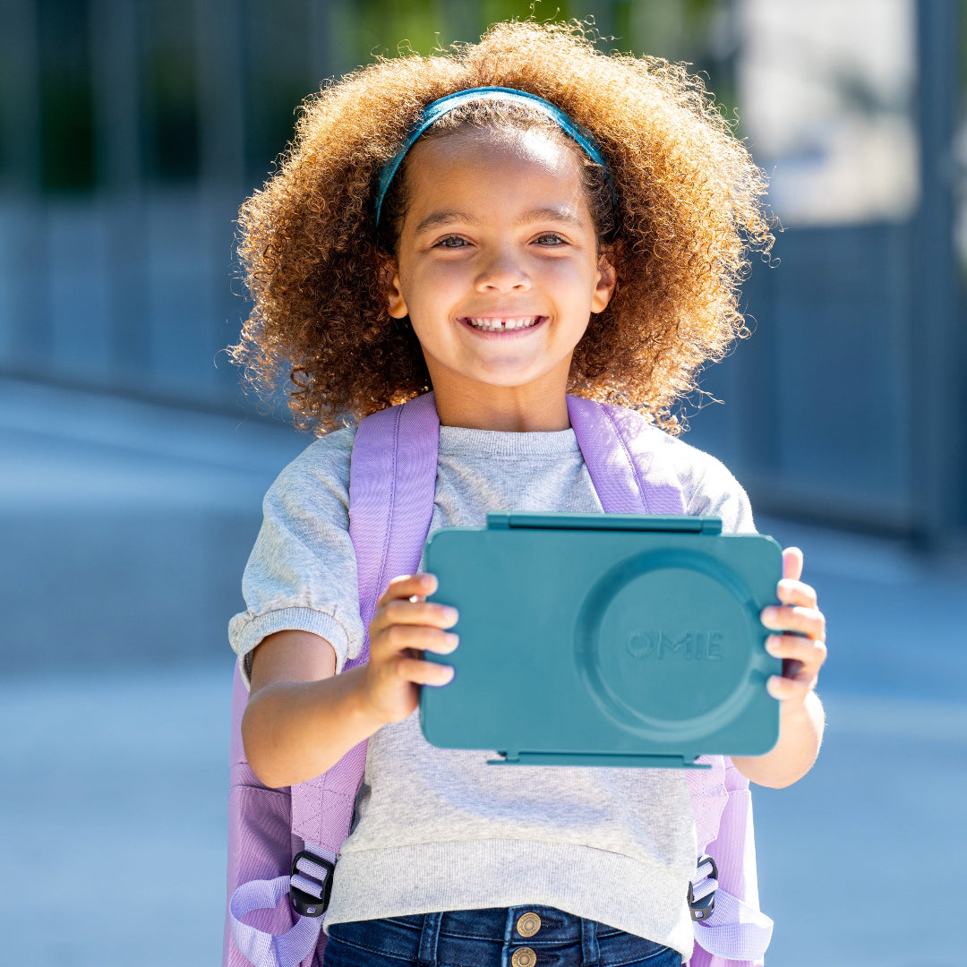 Teal Green OmieBox Up hot and cold bento box showing insulated thermos container with modular deep compartments.