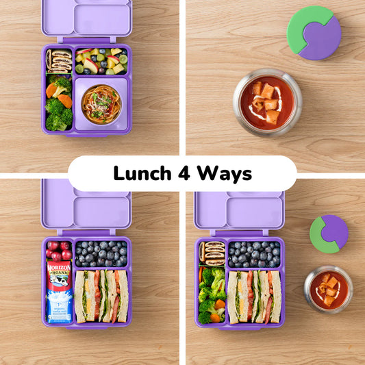 Lilac Purple OmieBox V2 leakproof bento box with multiple lunch combinations displayed.