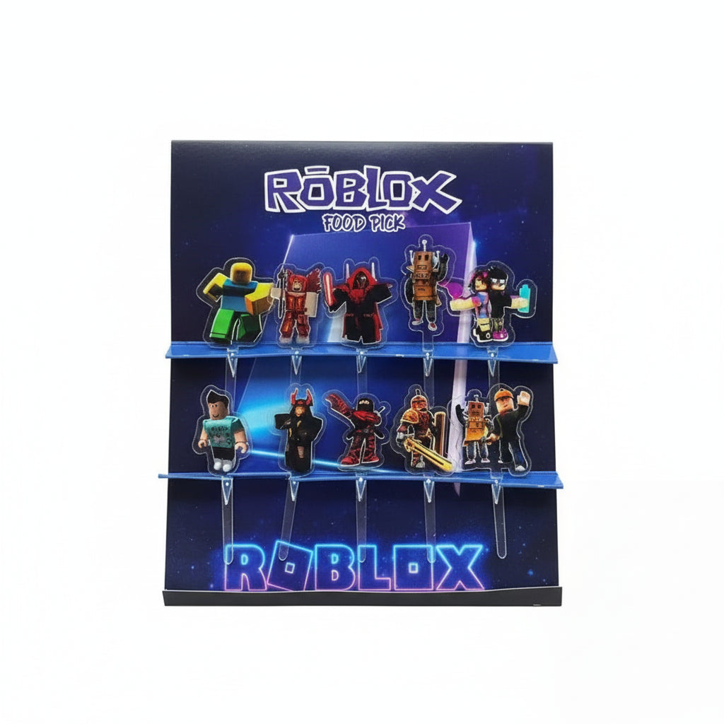 A display of Roblox-themed acrylic food picks featuring various character figures.