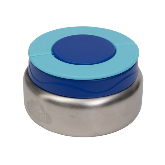 Stainless steel container with blue lid on a white background