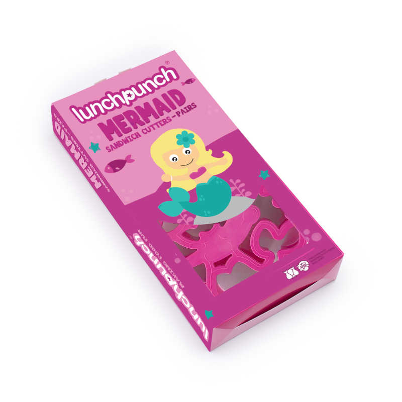 Lunch Punch Mermaid sandwich cutter packaging featuring mermaid and tail designs