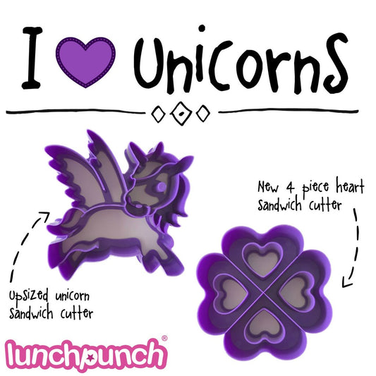 Unicorn‑shaped sandwiches made using the Lunch Punch Unicorn cutters