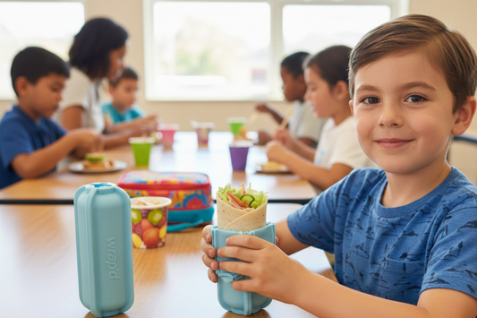 A boy holding a sandwich is a blue silicone bento accessory from baby bento 