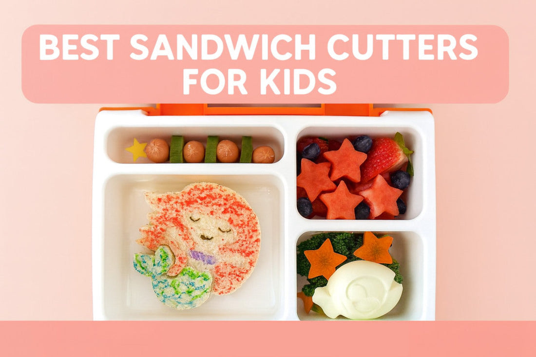 Colourful kids bento lunchbox with shaped sandwiches, fruit stars and mini bites in a blog banner layout