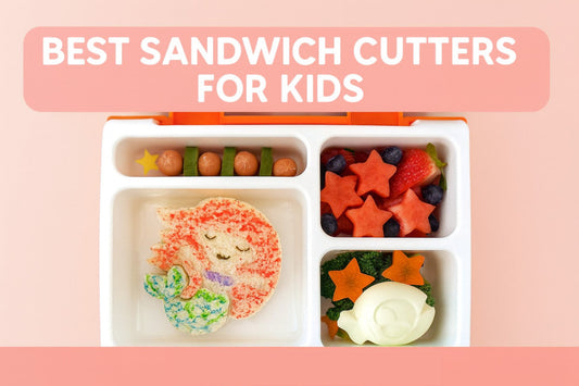 Colourful kids bento lunchbox with shaped sandwiches, fruit stars and mini bites in a blog banner layout
