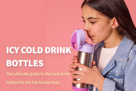 A child drinking from a stainless‑steel drink bottle with a purple lid against a pink background, with text promoting icy‑cold drink bottles for hot Australian weather.
