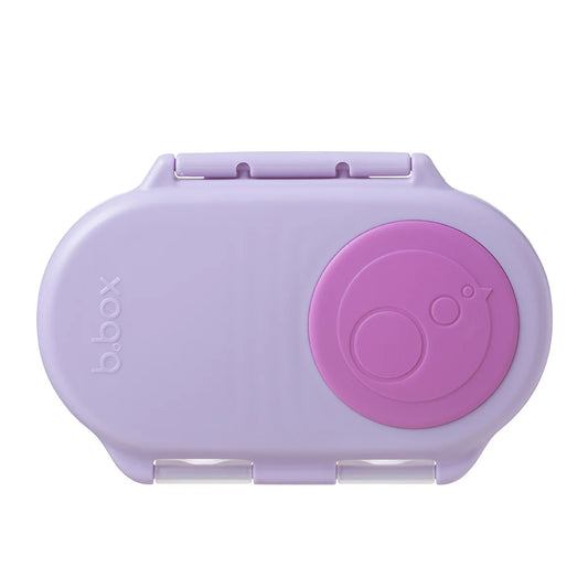 Sugar Plum b.box snack box with whole‑fruit holder and leak‑proof silicone seals.