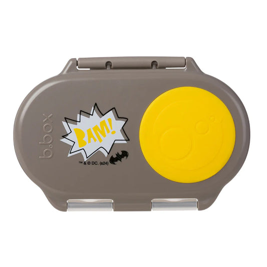 Batman b.box snack box with flexi whole‑fruit holder and leak‑proof silicone seals.