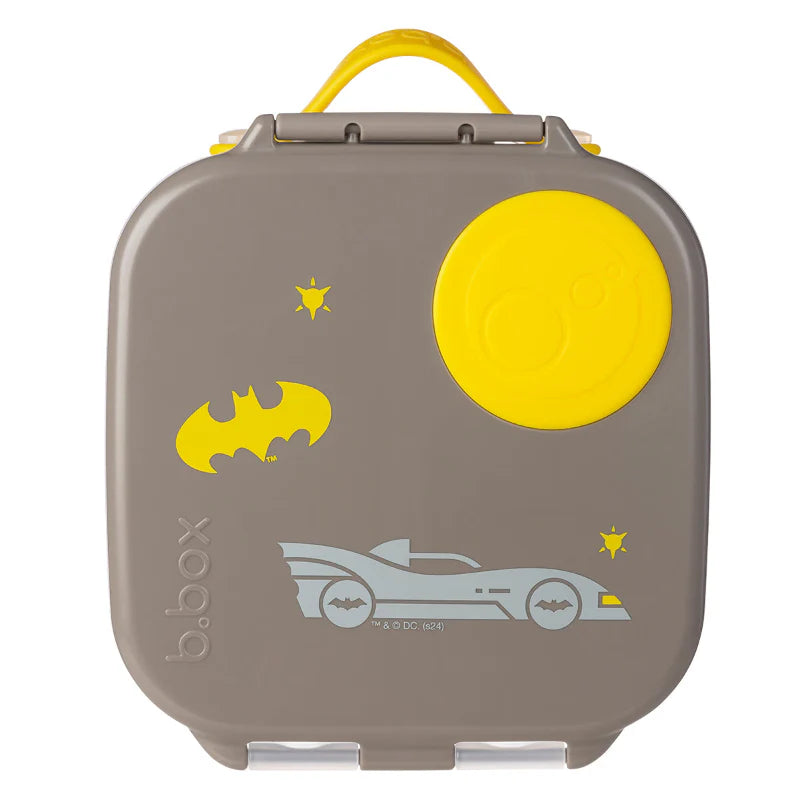 Batman b.box MINI lunch box with leak‑proof compartments and flexible whole‑fruit holder.