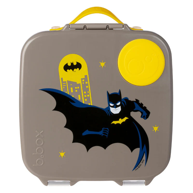 Batman b.box lunch box with whole‑fruit holder, leak‑proof seals and removable sandwich tray.