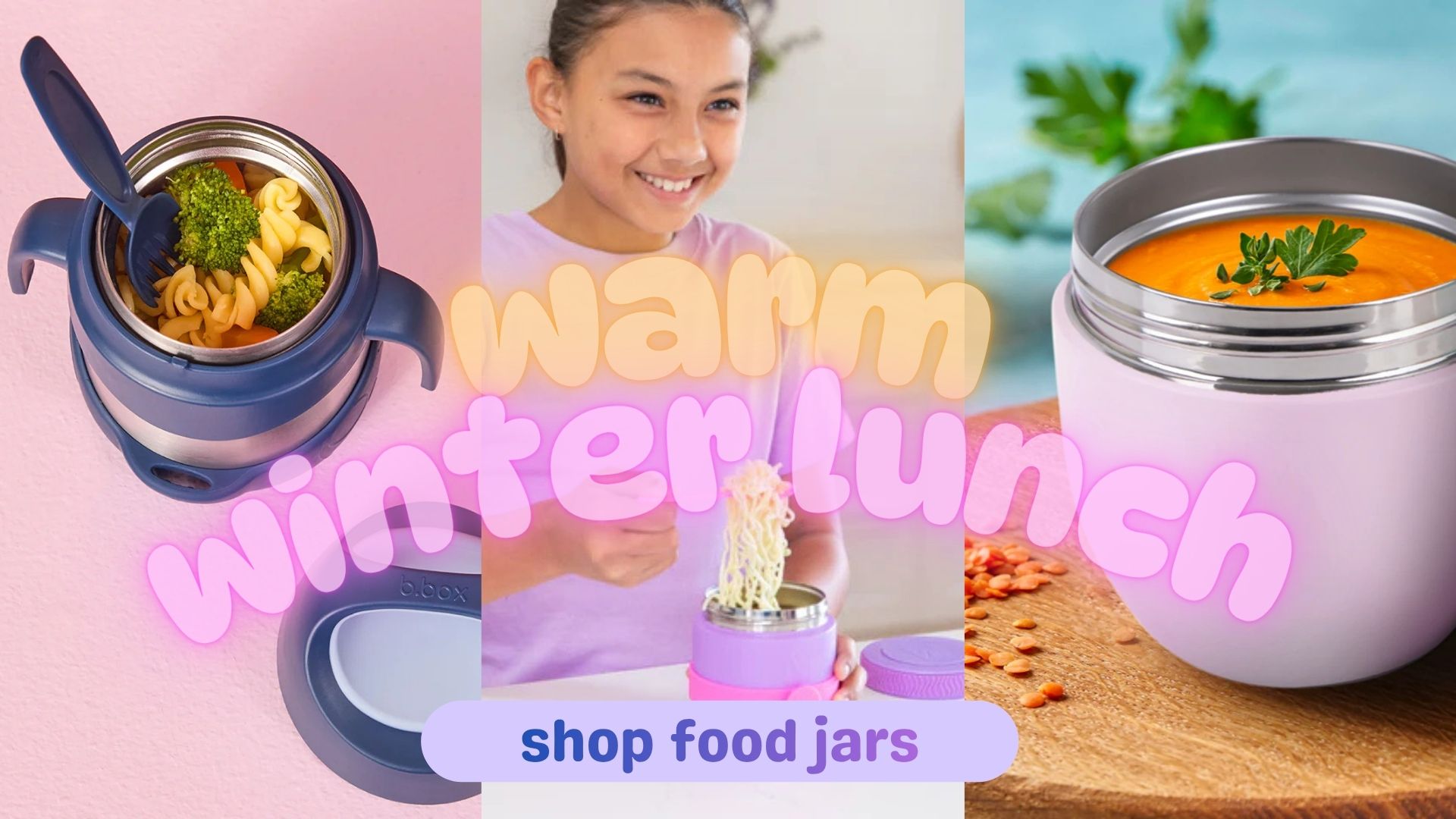 Promotional image for food jars with a woman and text overlay on a colorful background.