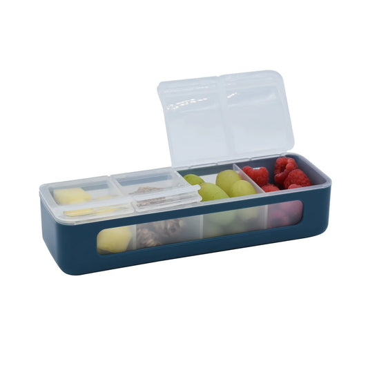 Blue four‑compartment Melii Snackle Box with snap‑lock lids for fresh, separated snacks.