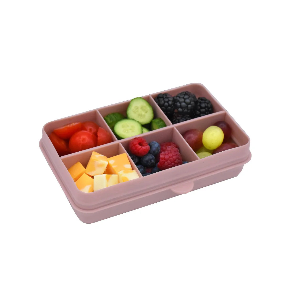 Pink Melii Snackle Box Mini featuring six compartments and a removable divider for flexible snack storage.