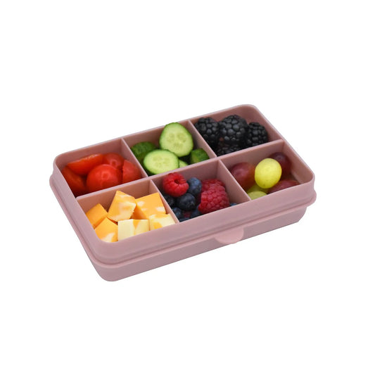 Pink Melii Snackle Box Mini featuring six compartments and a removable divider for flexible snack storage.