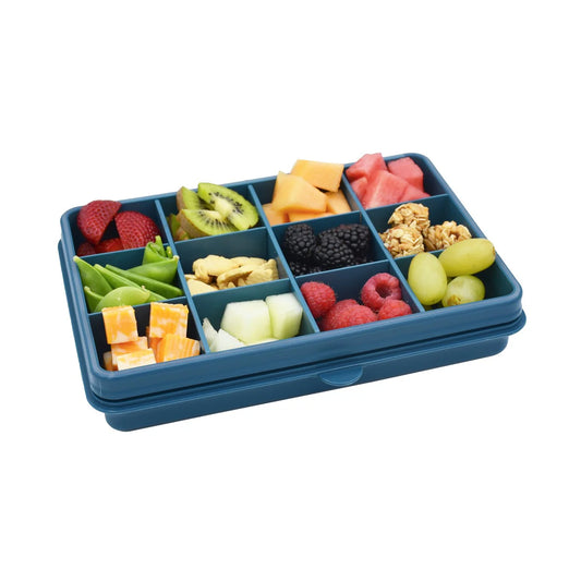 Blue 12‑compartment Melii Snackle Box with removable dividers for large, organised snack storage.