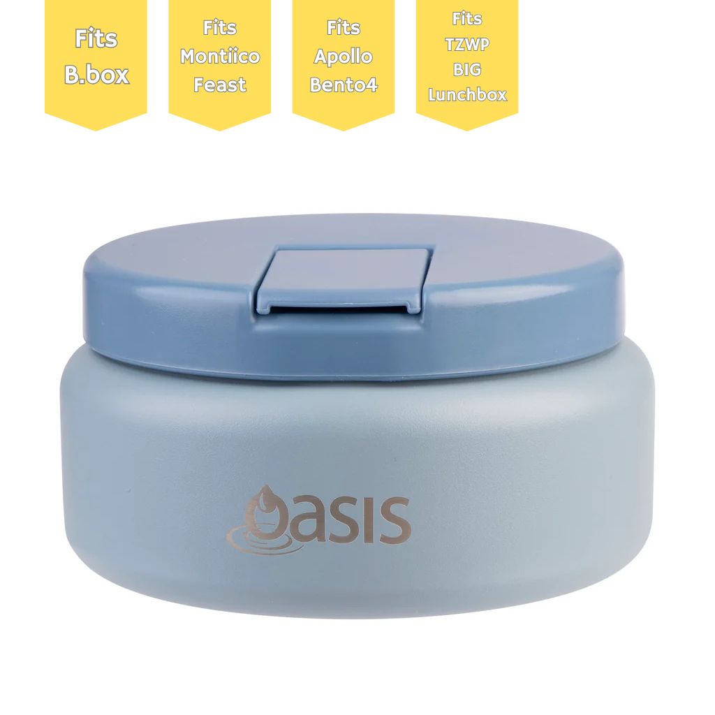 Oasis insulated kids food jar in Hazy Blue with quick-release lid, 230ml stainless-steel design perfect for warm school lunches and snacks.