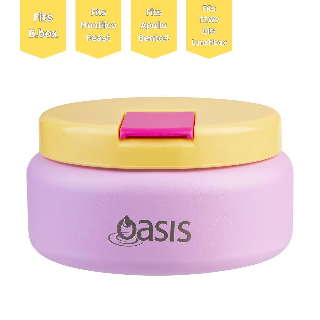 Bubblegum Pink Oasis insulated kids food jar with easy quick-release lid, 230ml thermos container for warm lunches and on-the-go meals.