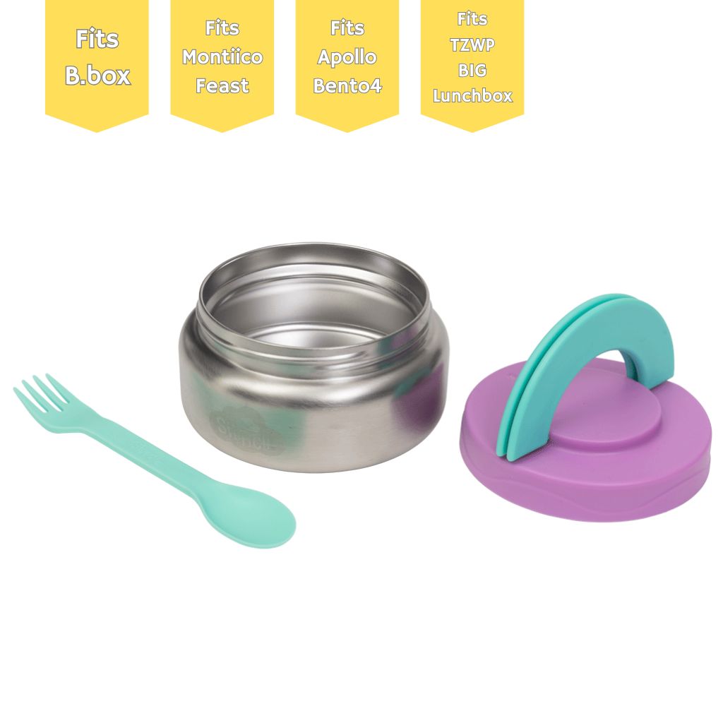 Lilac insulated food jar with a 300ml stainless‑steel interior and leak‑proof lid, perfect for keeping kids’ meals warm or chilled on the go.
