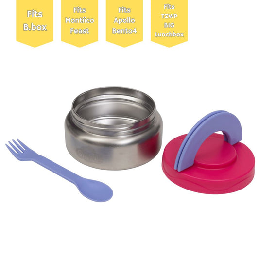 Fuchsia insulated kids food jar with a secure leak‑proof lid and 300ml stainless‑steel design, ideal for keeping lunches warm or cool.