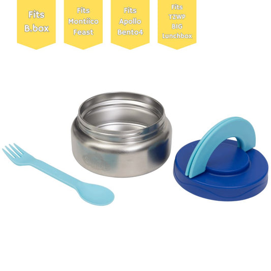 Azure insulated food jar with stainless‑steel interior, leak‑proof lid and 300ml capacity, designed to keep kids’ lunches warm or cool.