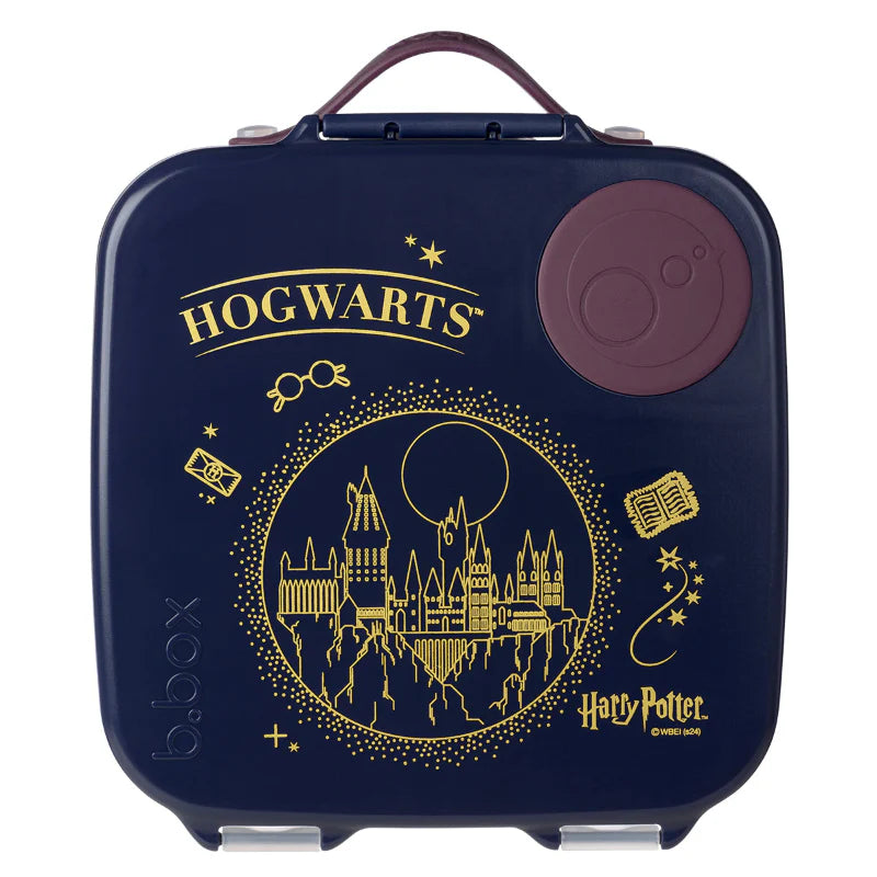 Harry Potter b.box lunch box with whole‑fruit holder, leak‑proof seals and included gel cooler pack.