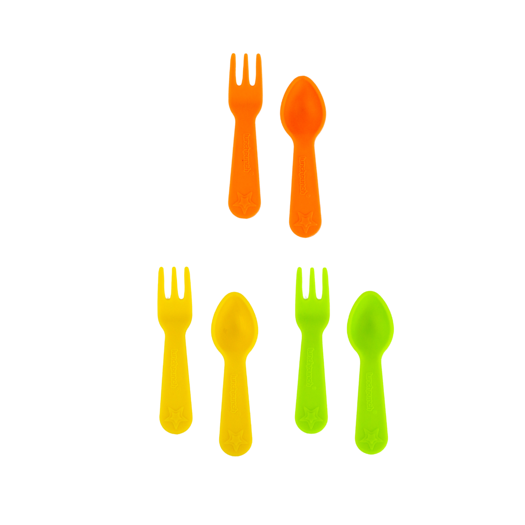 Brights Lunch Punch fork and spoon set sized for bento boxes, lightweight and perfect for little hands.