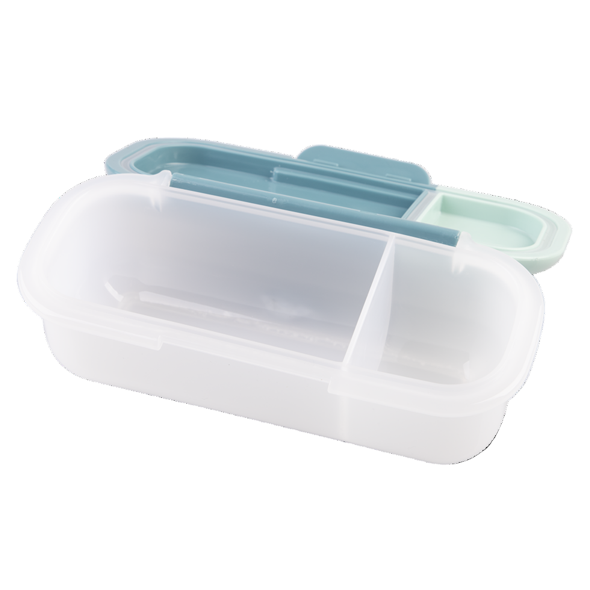 White and light blue plastic container on a white background