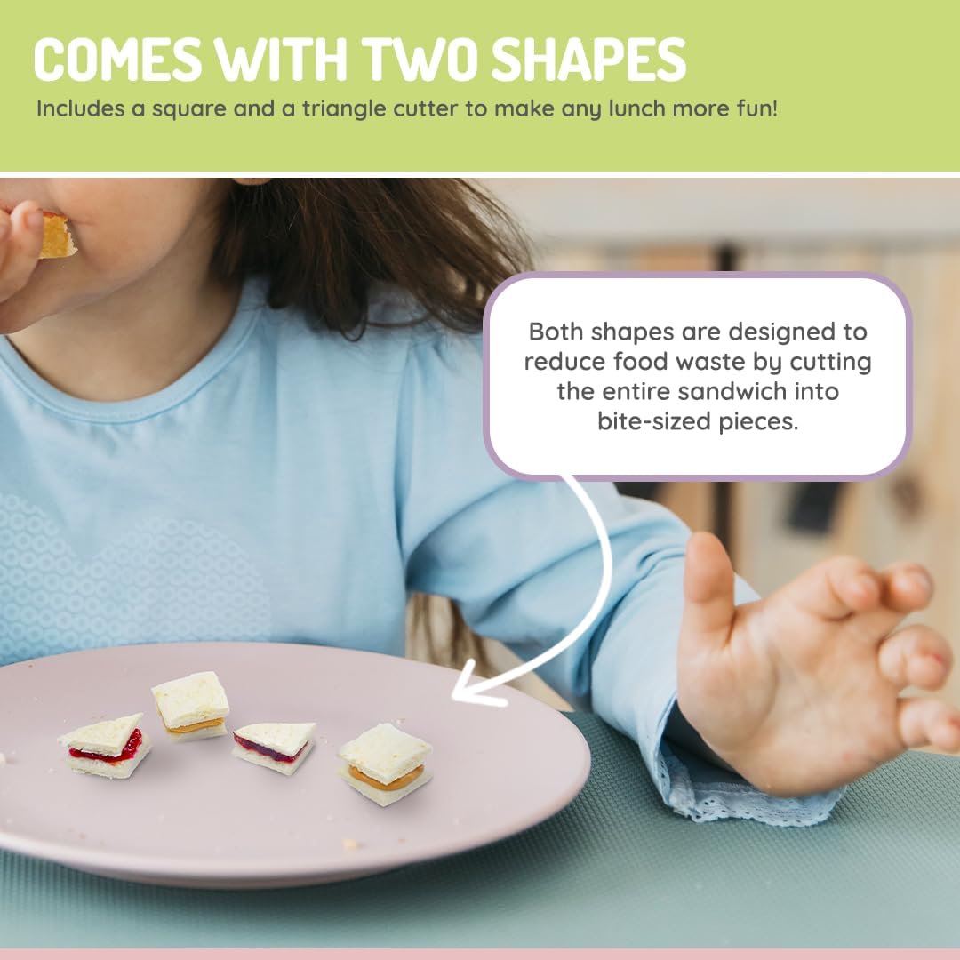 A child enjoying a sandwich alongside a plate of smaller pieces cut by Mellie, showcasing the use of a square and triangle sandwich cutter.
