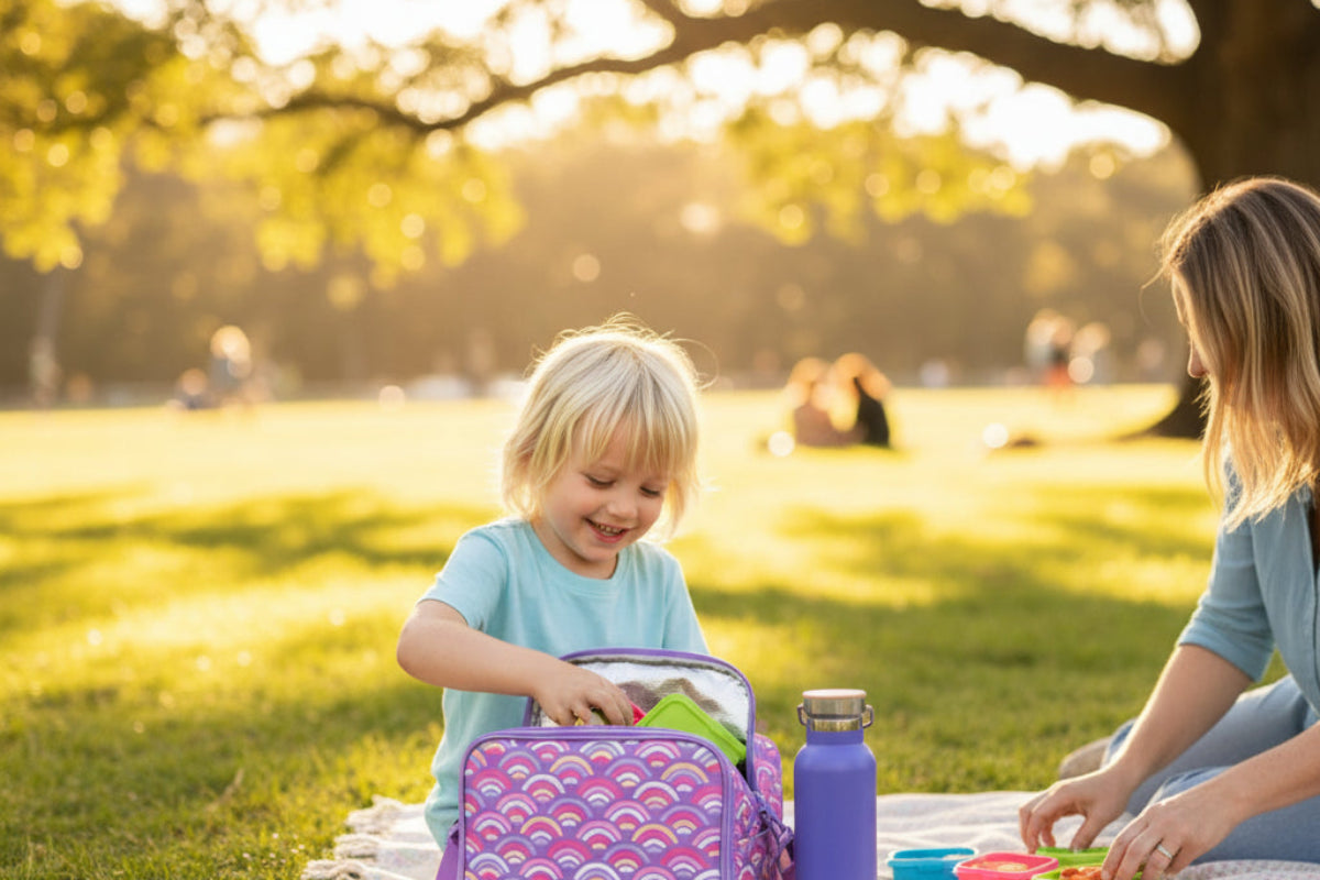 a child unpacking lunch, a parent meal prepping, or a family enjoying a picnic.