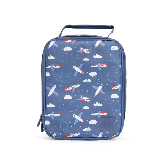 Blue rectangular MontiiCo-Lunch-Bag-Square with airplane and cloud pattern on a white background