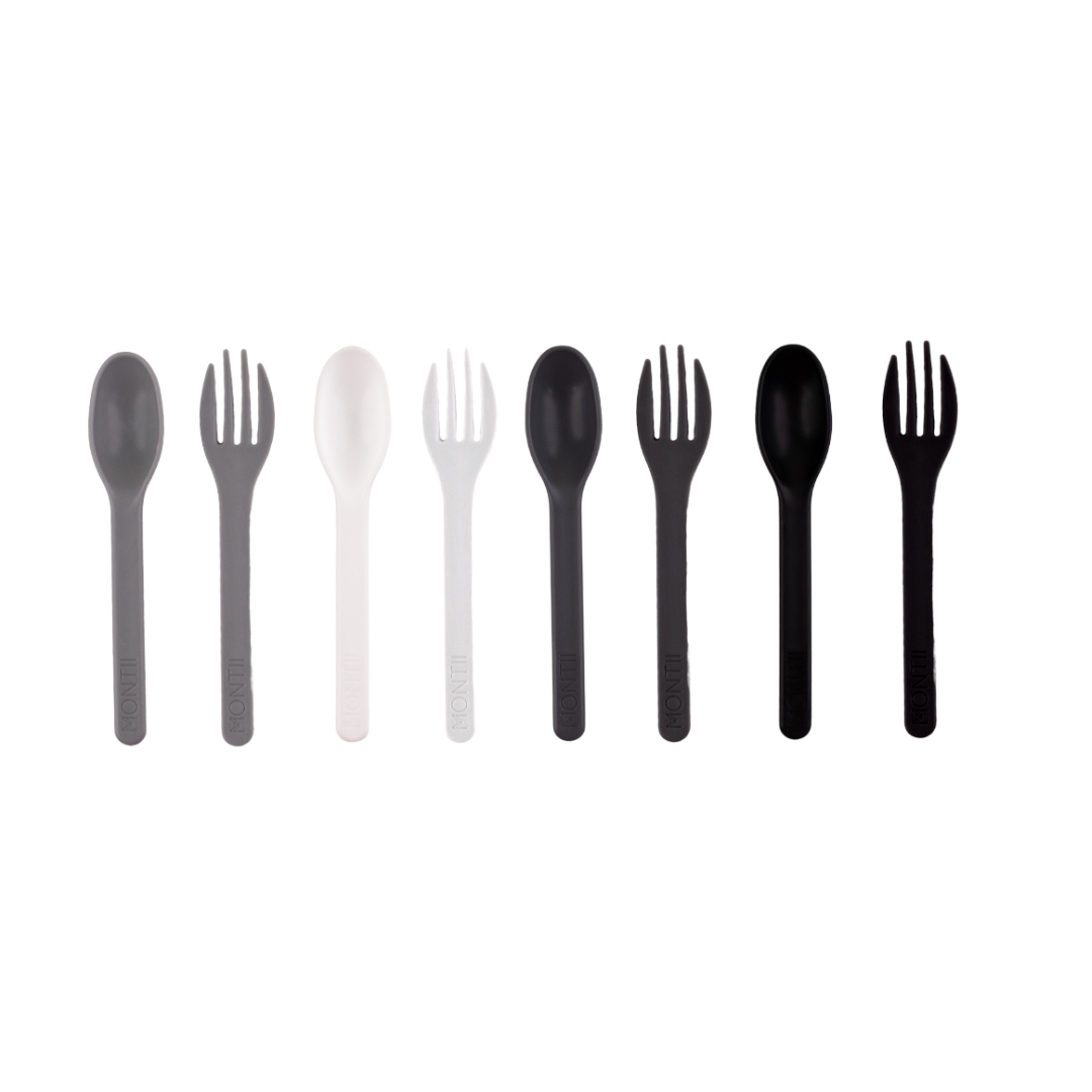 a picture of MontiiCo Out & About Cutlery Set - Monochrome on a white background for cool school lunches