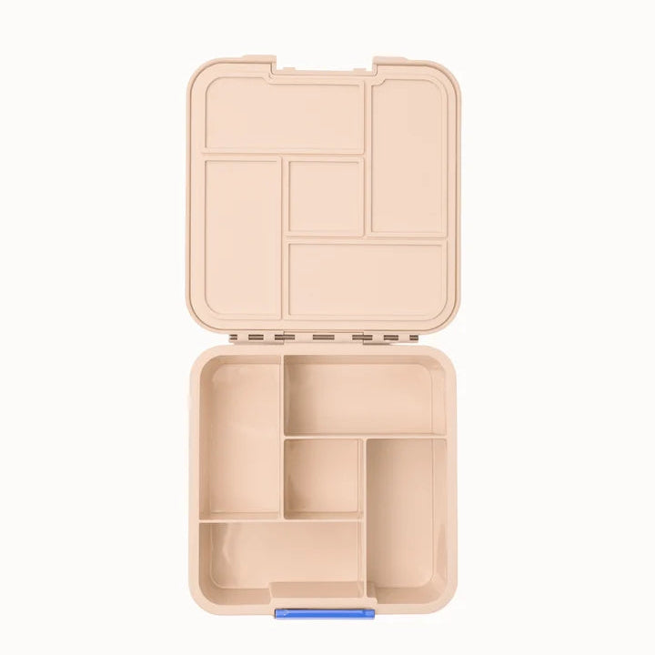 Open beige MontiiCo Bento 5 lunch box displaying five separate food compartments and silicone lid seal