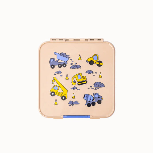 Top view of closed beige MontiiCo Bento 5 lunch box featuring a construction vehicle print with dump trucks, excavators, and cranes.