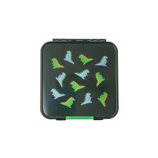 Top-down view of the closed dark green MontiiCo Bento 5 lunch box featuring a colorful dinosaur print.