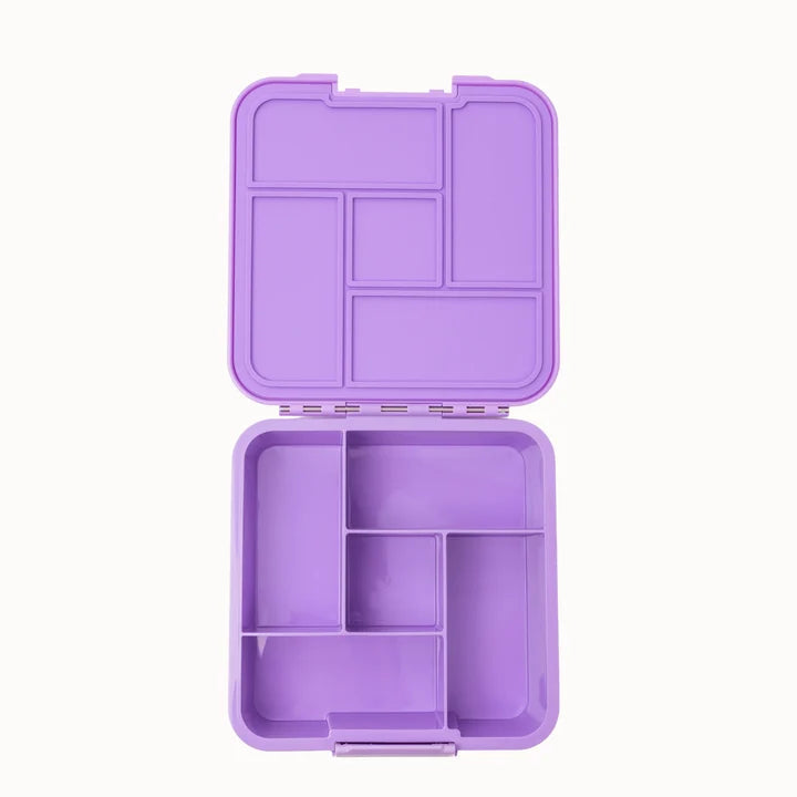 Top view of the open empty purple MontiiCo Bento 5 lunch box displaying the five food compartments and matching silicone lid seal.