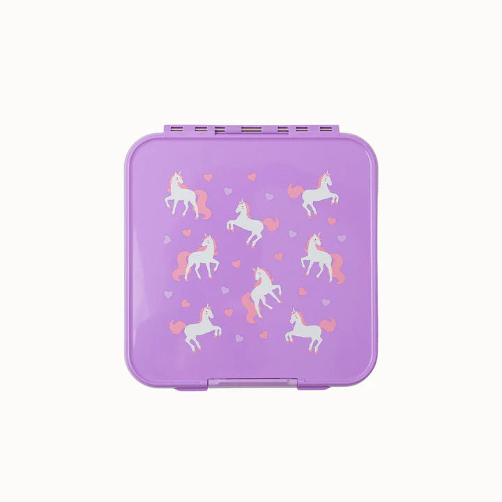 Top-down view of the closed purple MontiiCo Bento 5 lunch box featuring a magical unicorn print.