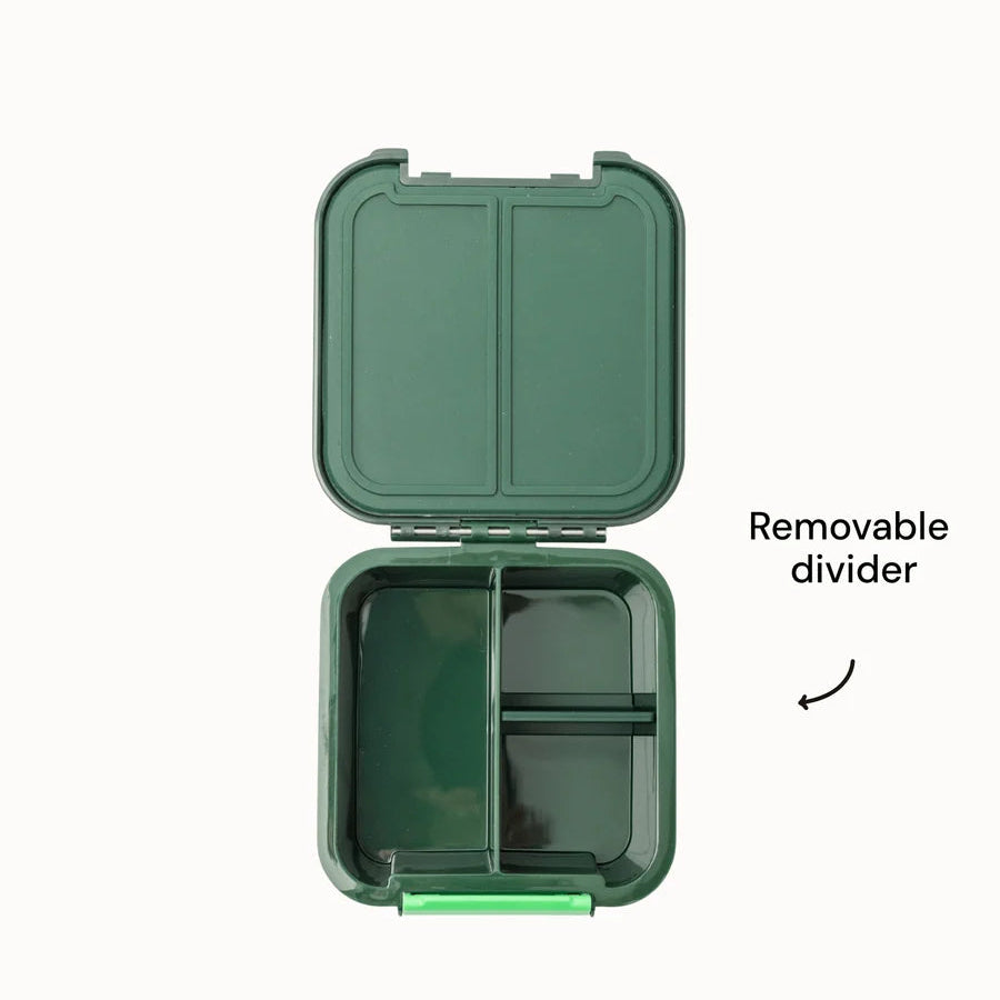 Open MontiiCo Bento 2 snack box showing the empty interior compartments and highlighting the removable divider.