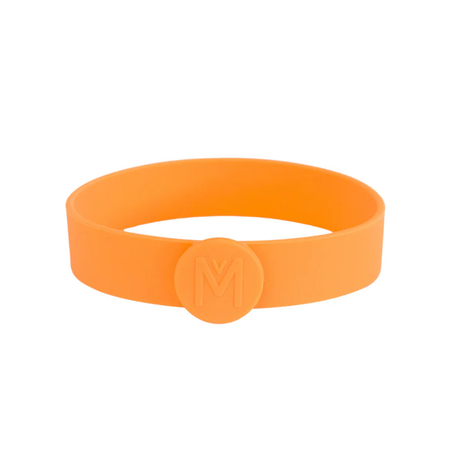 Tangerine silicone cutlery band designed to secure a fork or spoon around MontiiCo insulated food jars.