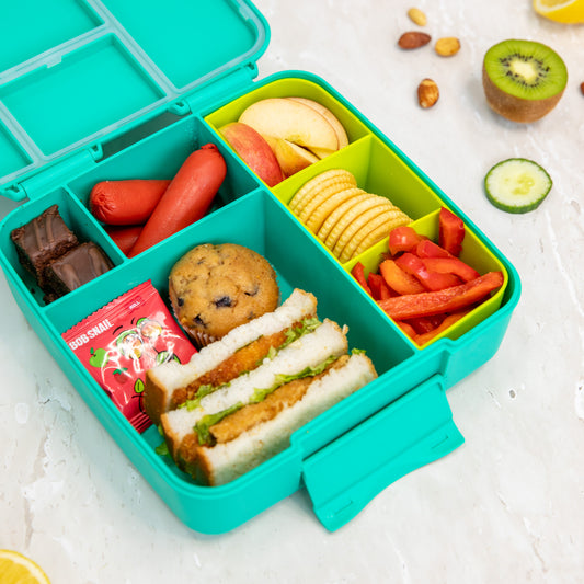 a picture of MontiiCo Feast Bento Lunch Box - Mojito on a white background suitable for a kids lunch box