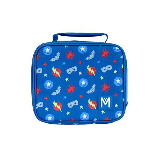The MontiiCo Medium Insulated Lunch Bag in Superhero print is designed to keep lunches cool in the toughest conditions