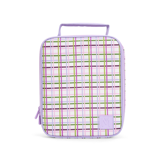 Montiico large lunch bag Plaid-patterned bag with a purple handle and trim on a white background