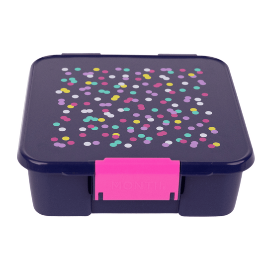 Fun and functional Bento 3 lunchbox in Confetti print, airtight and great for everyday meals.