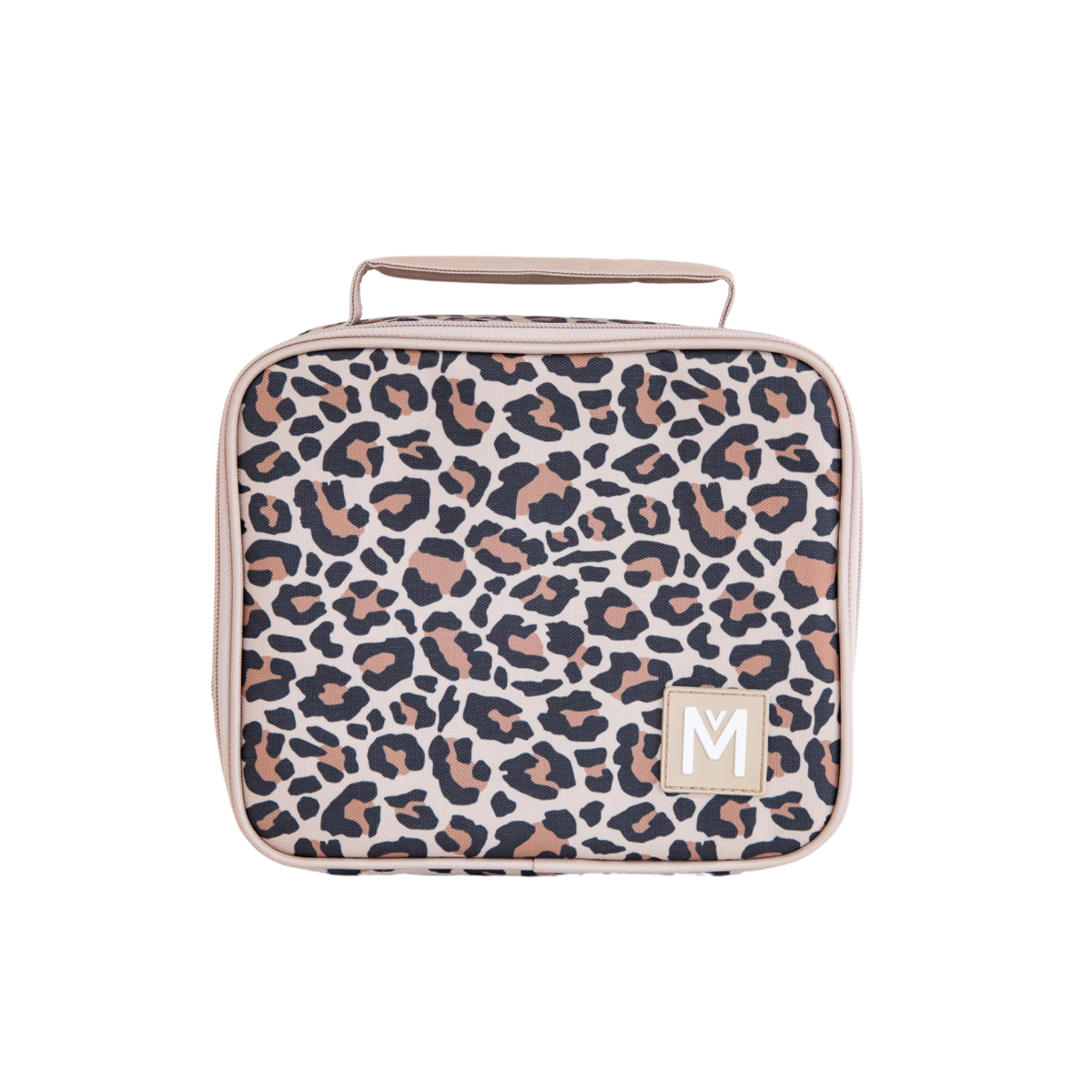 A medium-sized insulated lunch bag with a safari animal print design, featuring a top handle and a front pocket.