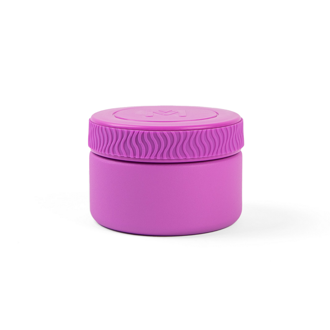 Fuchsia Mini MontiiCo insulated food jar with 200ml capacity and easy‑grip silicone band.