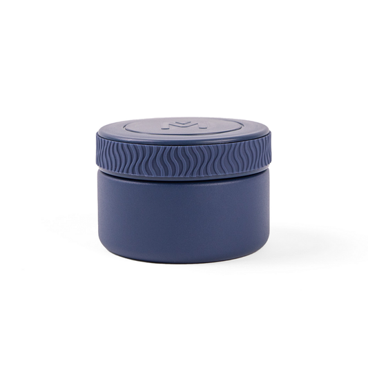 Navy Mini MontiiCo insulated food jar with stainless steel body and removable silicone seal.