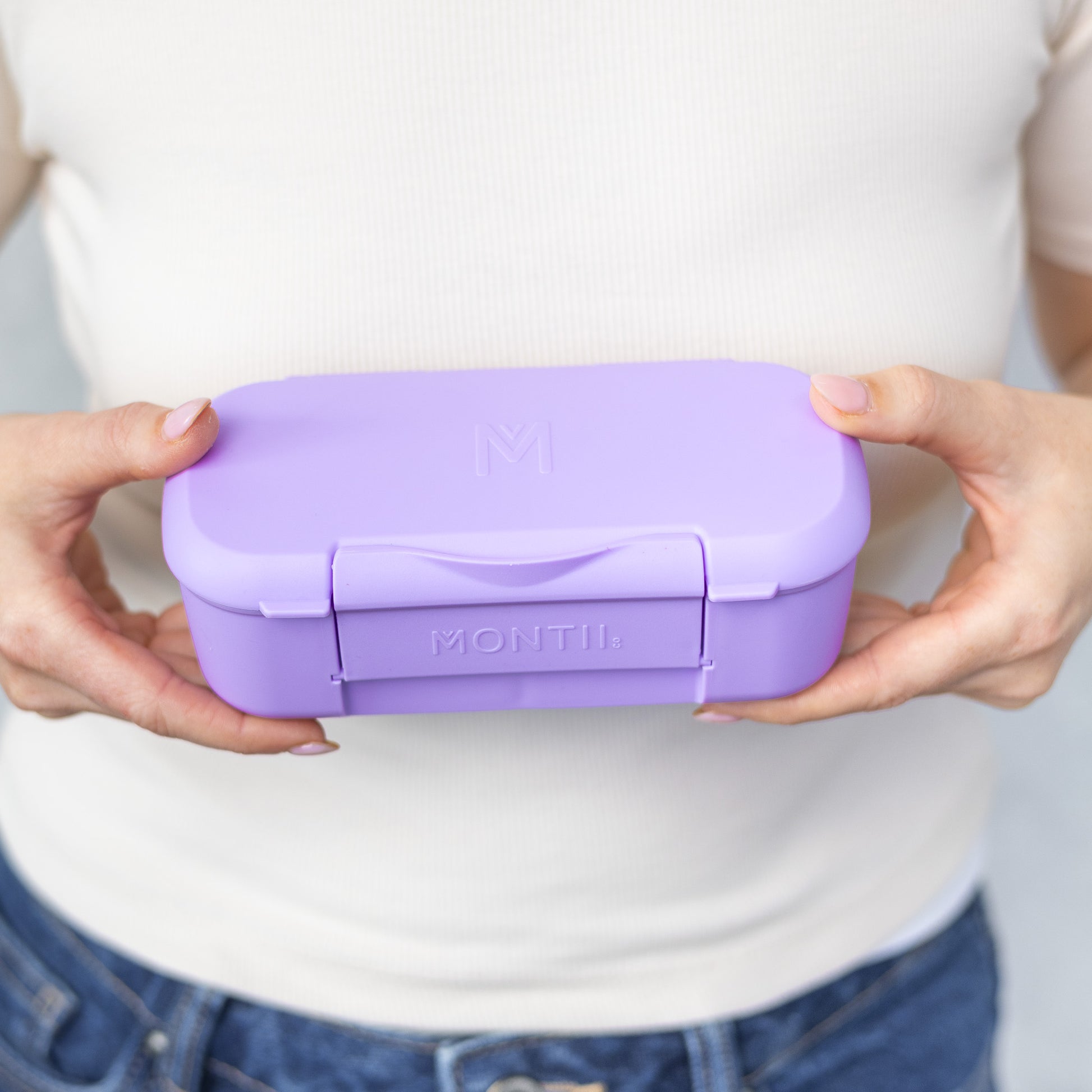 a picture of MontiiCo Feast Snack Box - Lilac on a white background for a fun bento meal